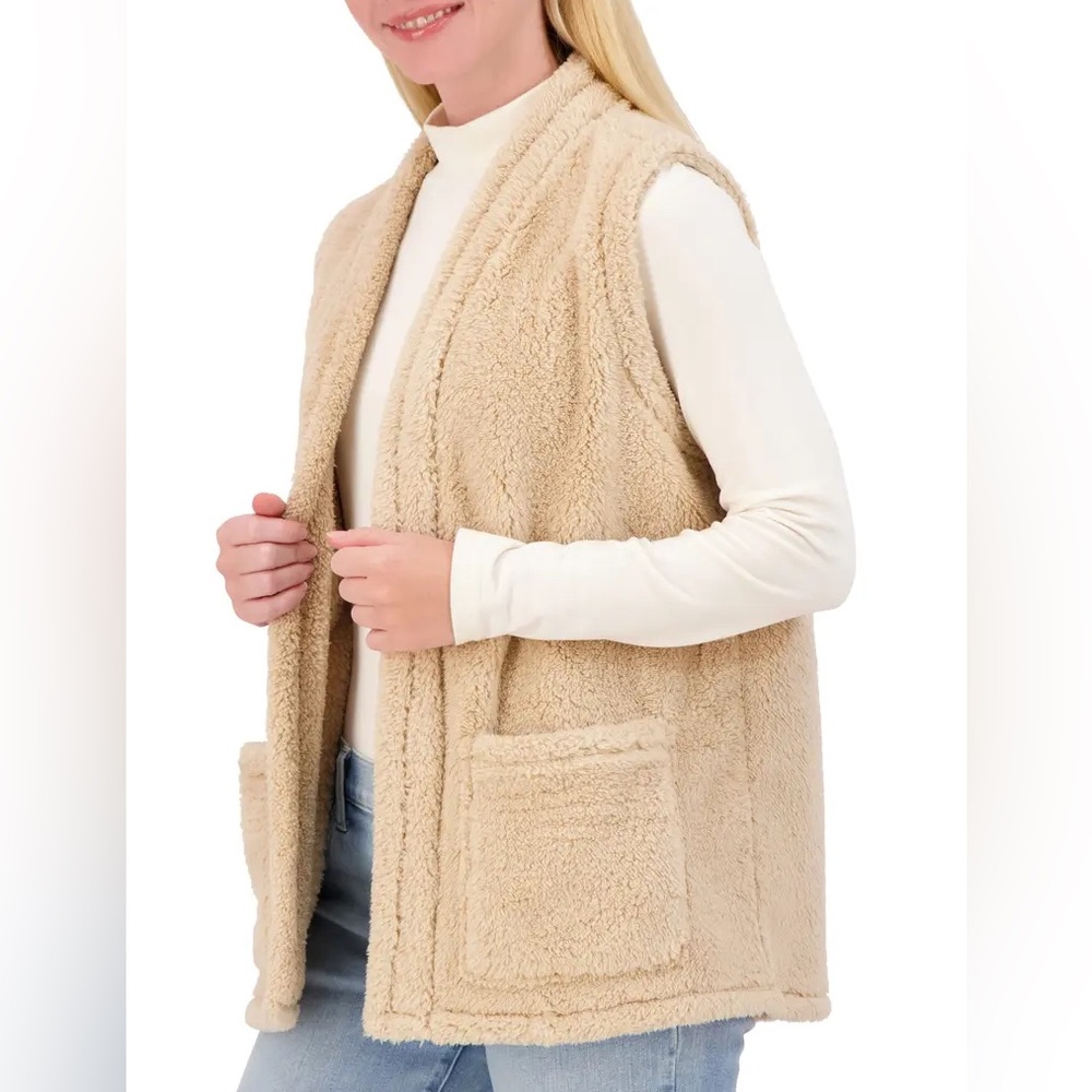 Lucky Brand Beige Faux Shearling Open Front Vest | Medium
